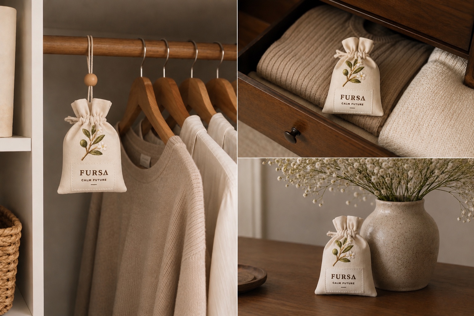 Fursd Calm Future scent bag styled in a closet, drawer, and home setting